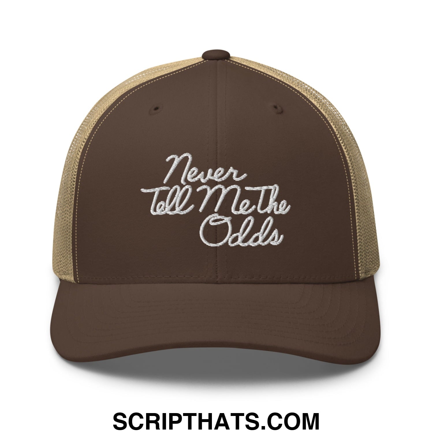 Never Tell Me The Odds Embroidered Mesh Trucker Hat Brown Khaki