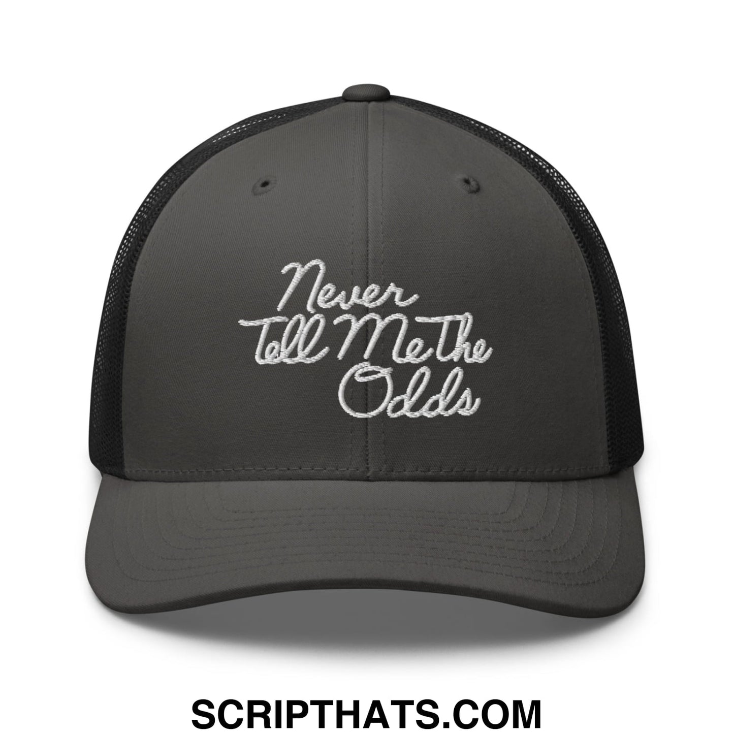 Never Tell Me The Odds Embroidered Mesh Trucker Hat Charcoal Black