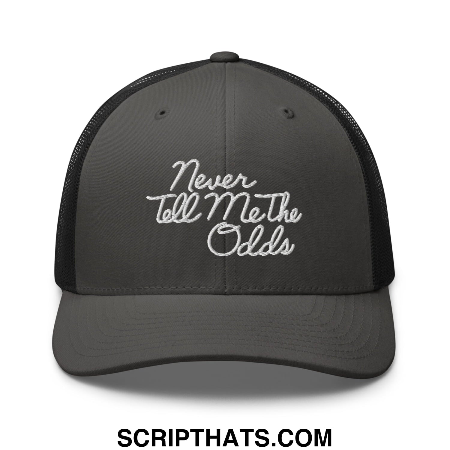 Never Tell Me The Odds Embroidered Mesh Trucker Hat Charcoal Black