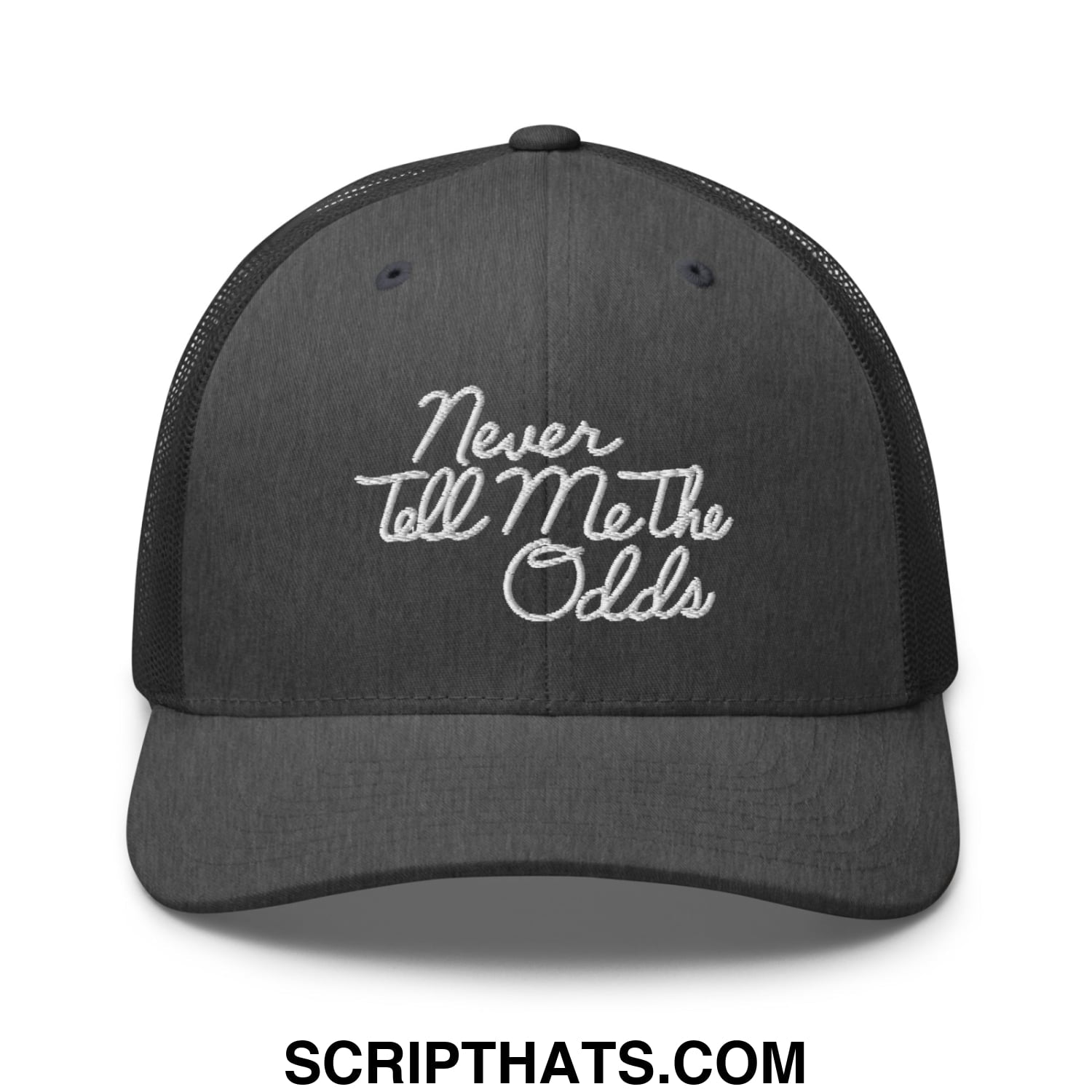Never Tell Me The Odds Embroidered Mesh Trucker Hat Dark Heather Gray