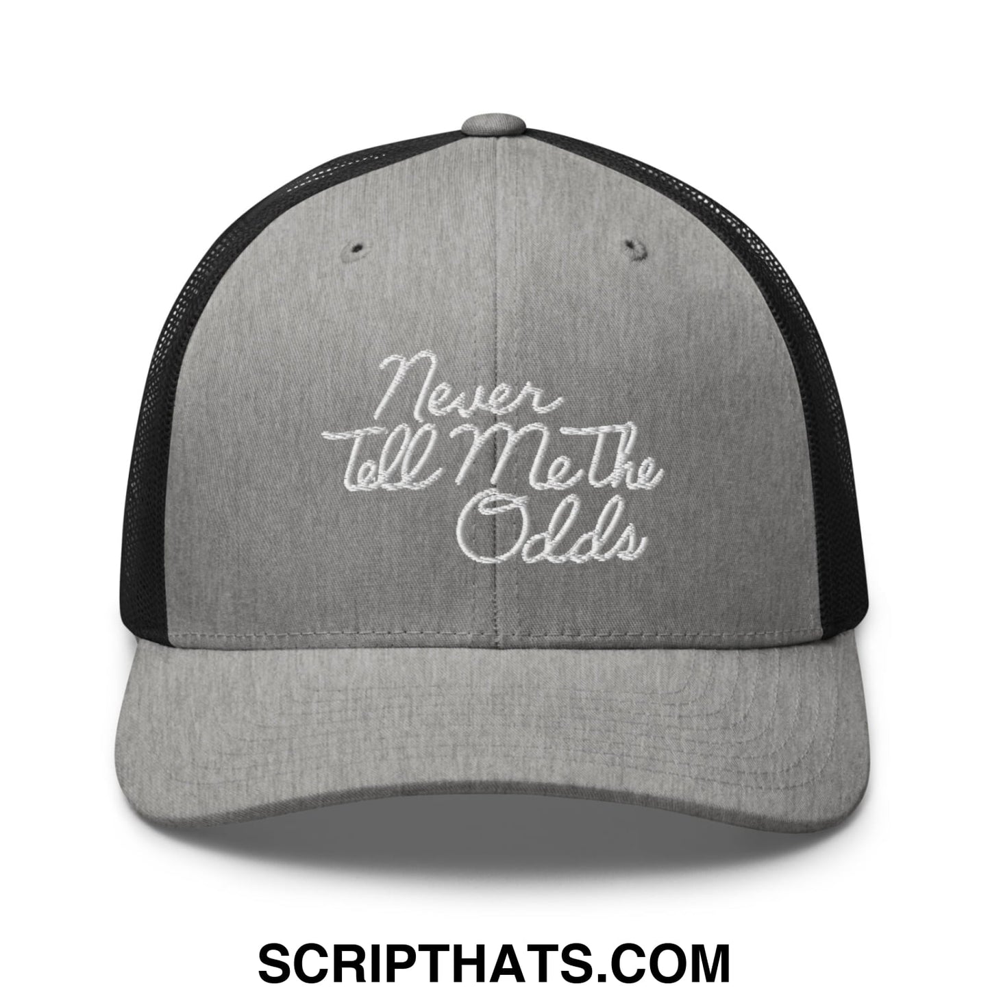 Never Tell Me The Odds Embroidered Mesh Trucker Hat Heather Black