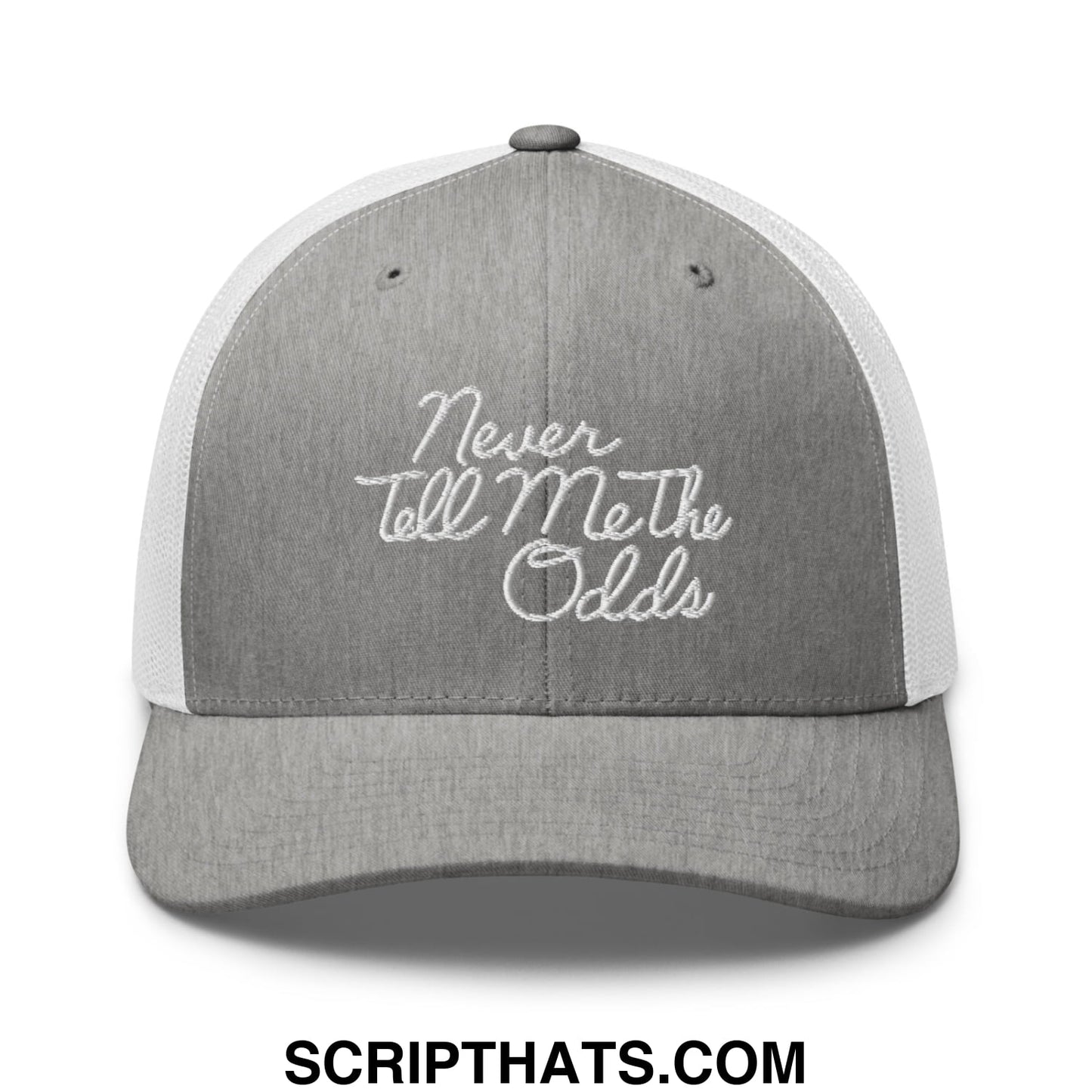 Never Tell Me The Odds Embroidered Mesh Trucker Hat Heather Grey White