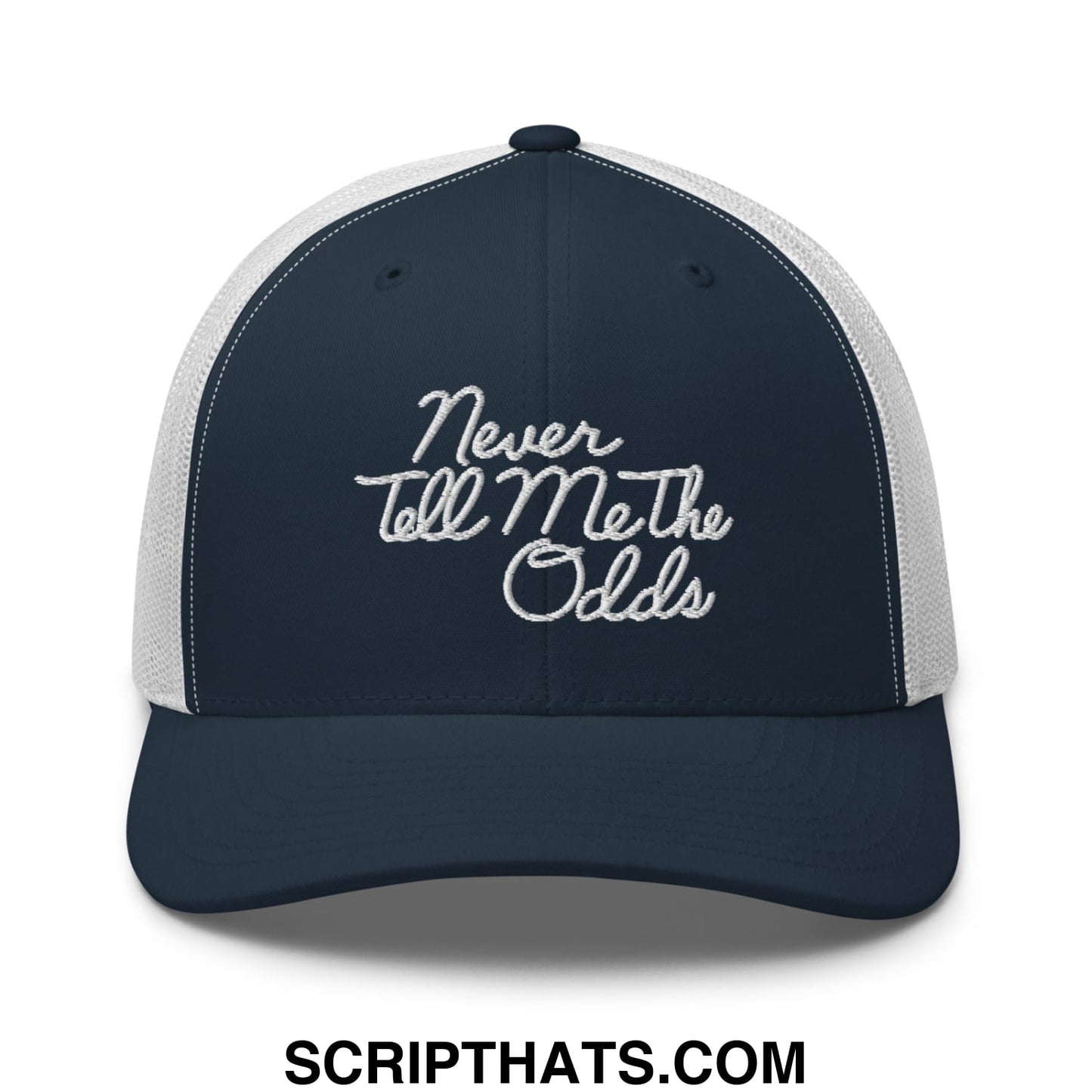 Never Tell Me The Odds Embroidered Mesh Trucker Hat Navy White