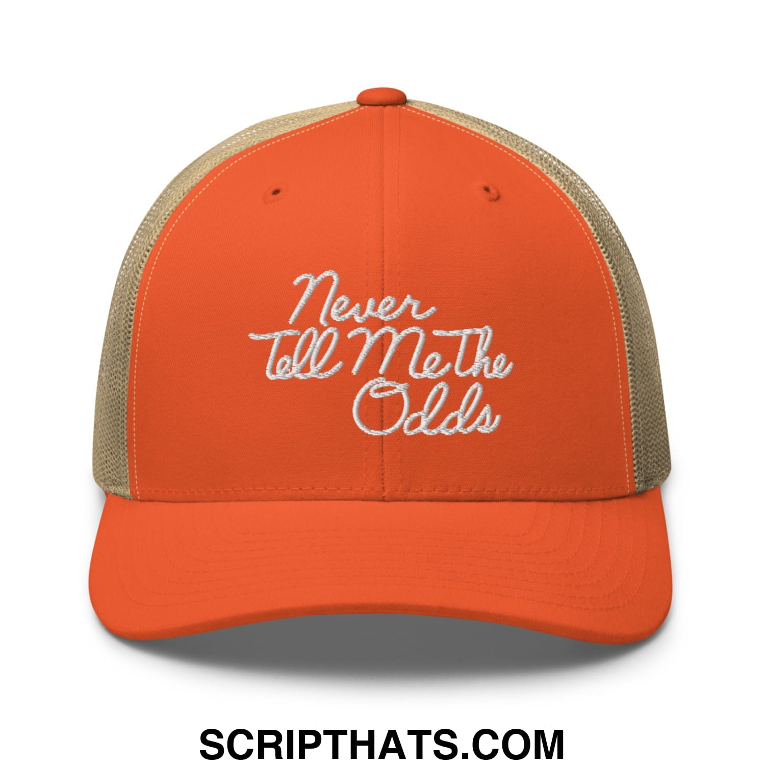 Never Tell Me The Odds Embroidered Mesh Trucker Hat Rustic Orange Khaki