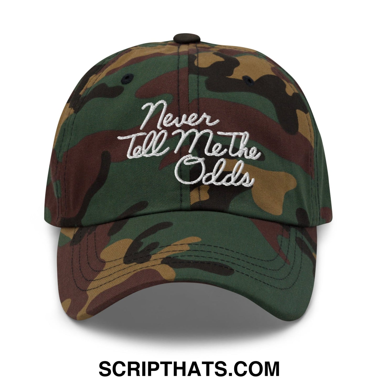 Never Tell Me The Odds Embroidered Unstructured Dad Hat Green Camo