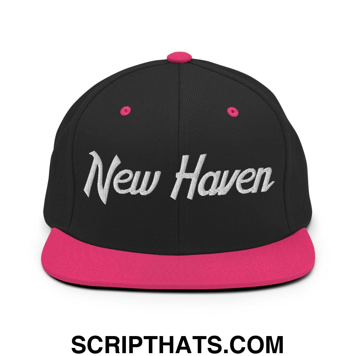 New Haven Script Snapback Hat Black Neon Pink