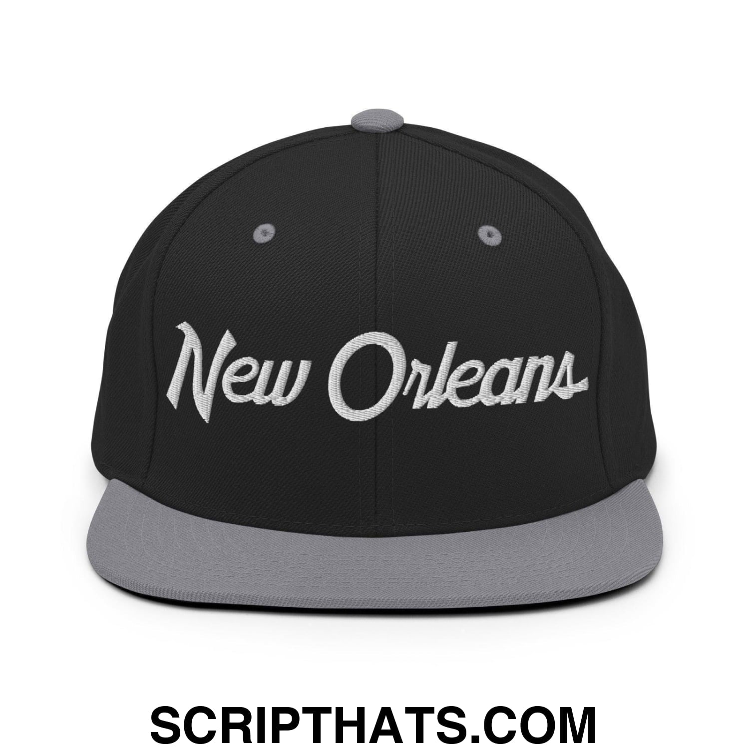 New Orleans Script Snapback Hat Black Silver