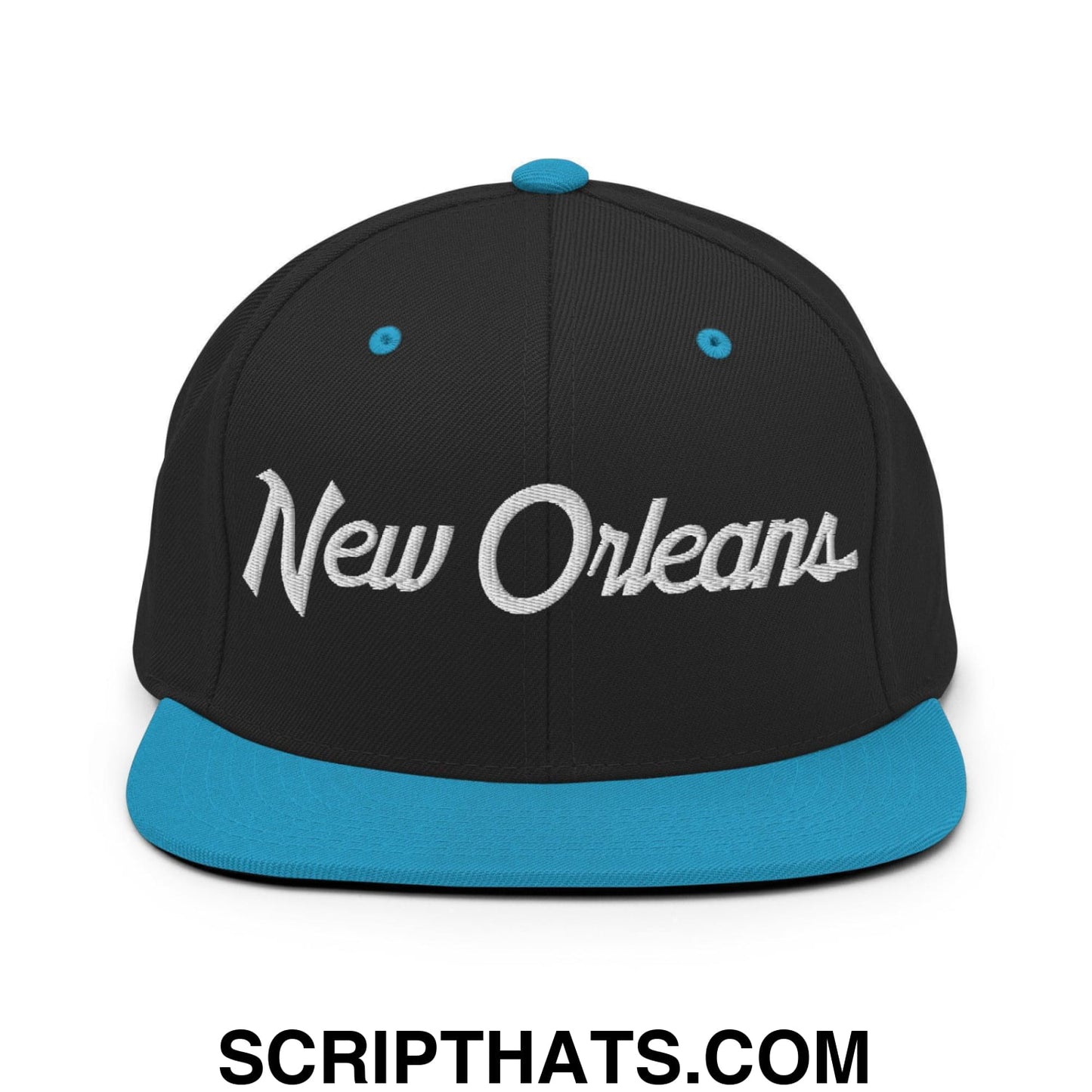 New Orleans Script Snapback Hat Black Teal