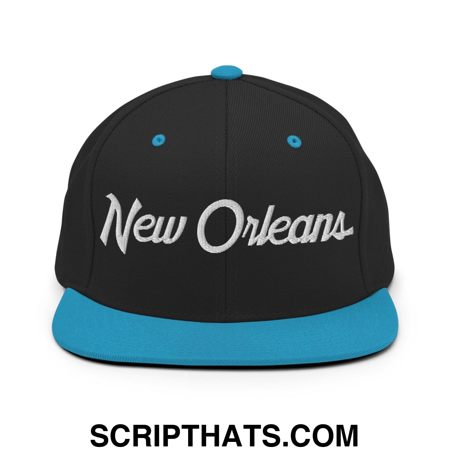 New Orleans Script Snapback Hat Black Teal