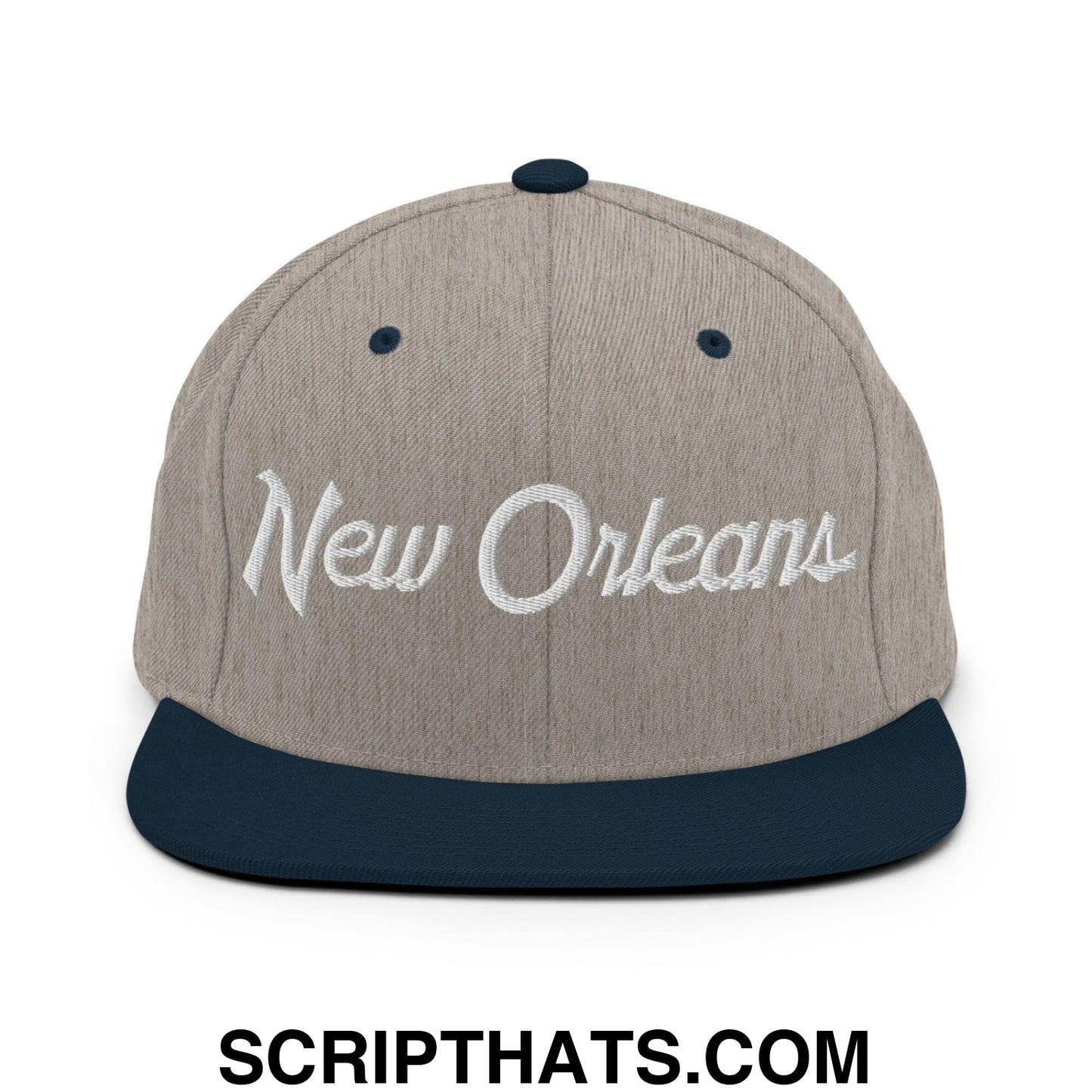 New Orleans Script Snapback Hat Heather Grey Navy