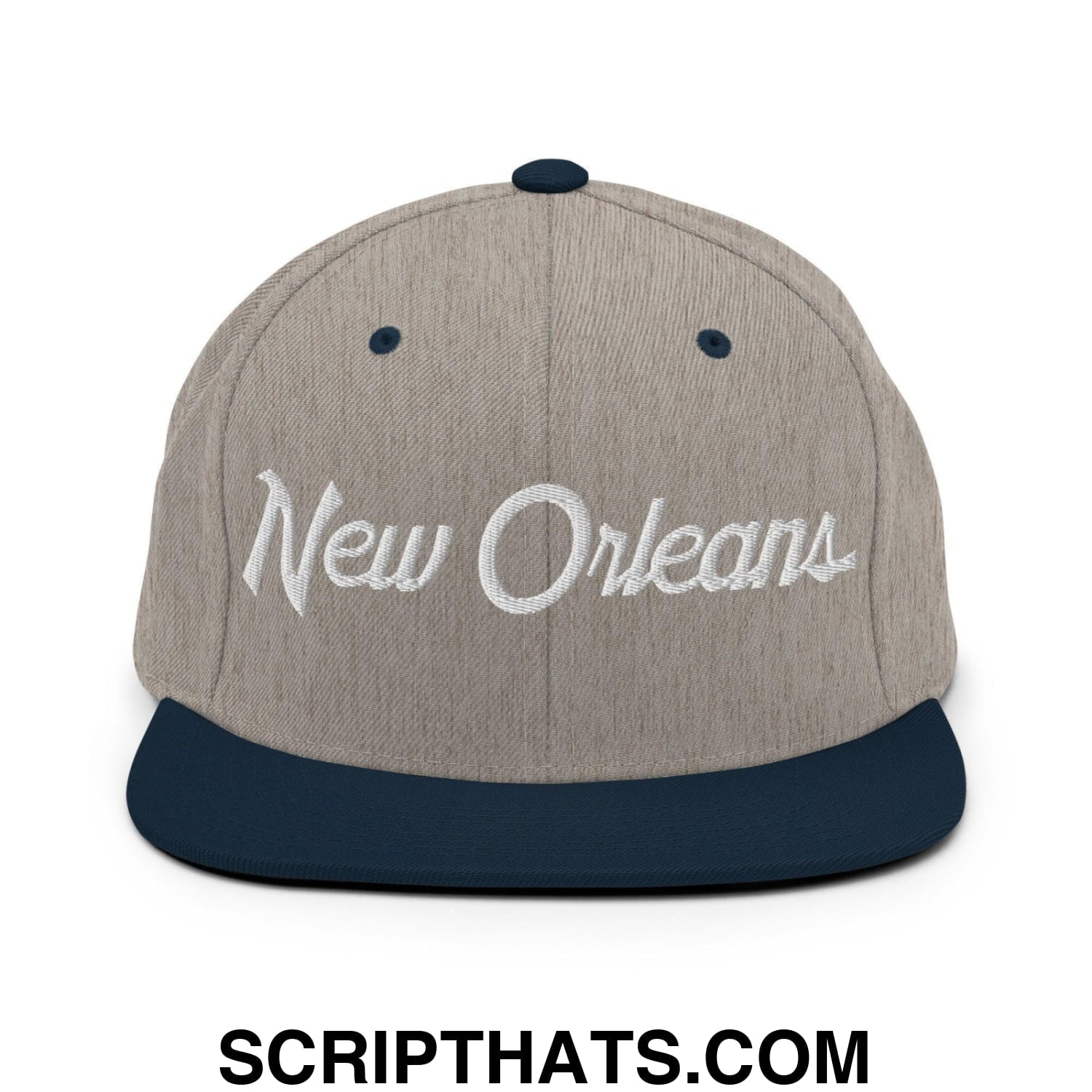 New Orleans Script Snapback Hat Heather Grey Navy