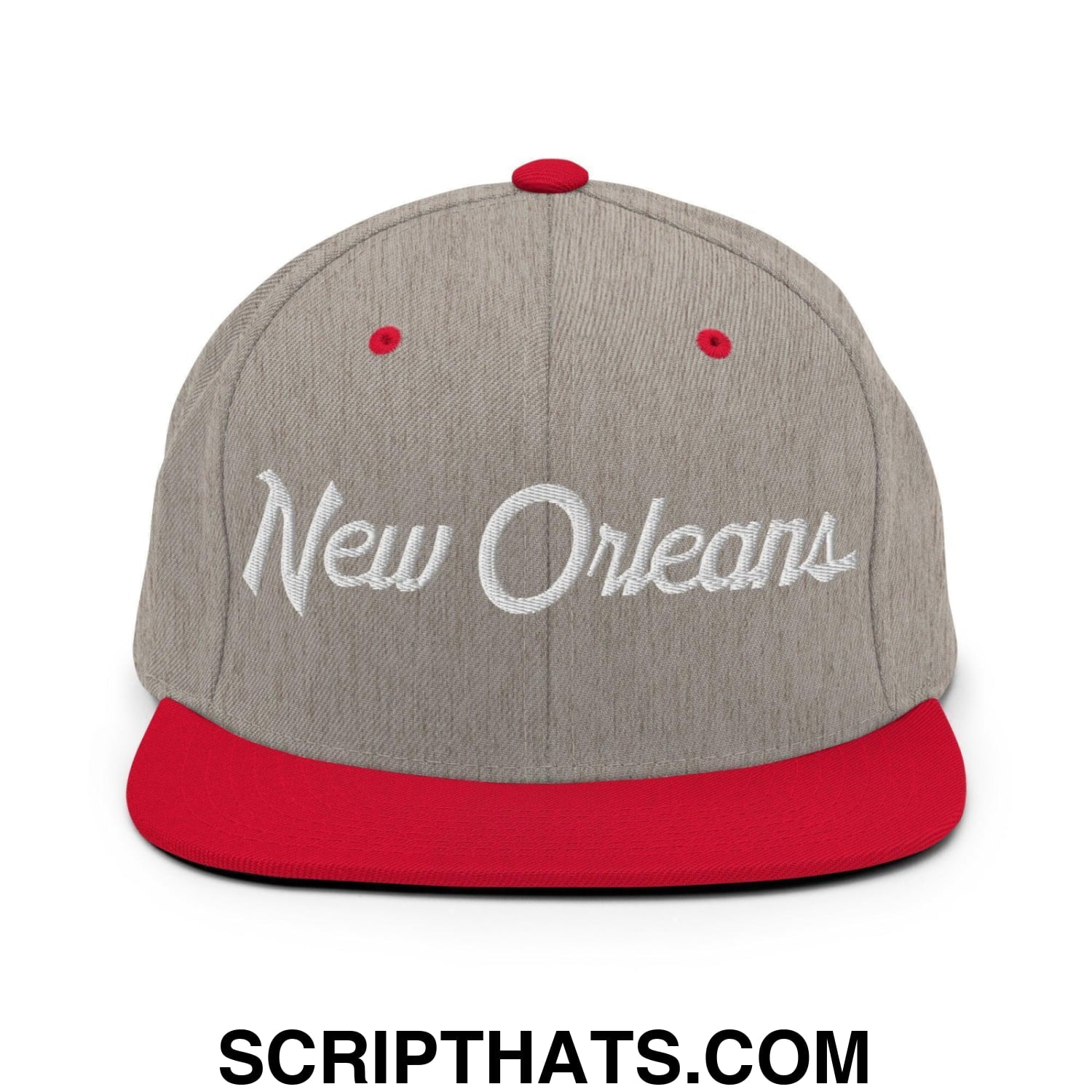 New Orleans Script Snapback Hat Heather Grey Red
