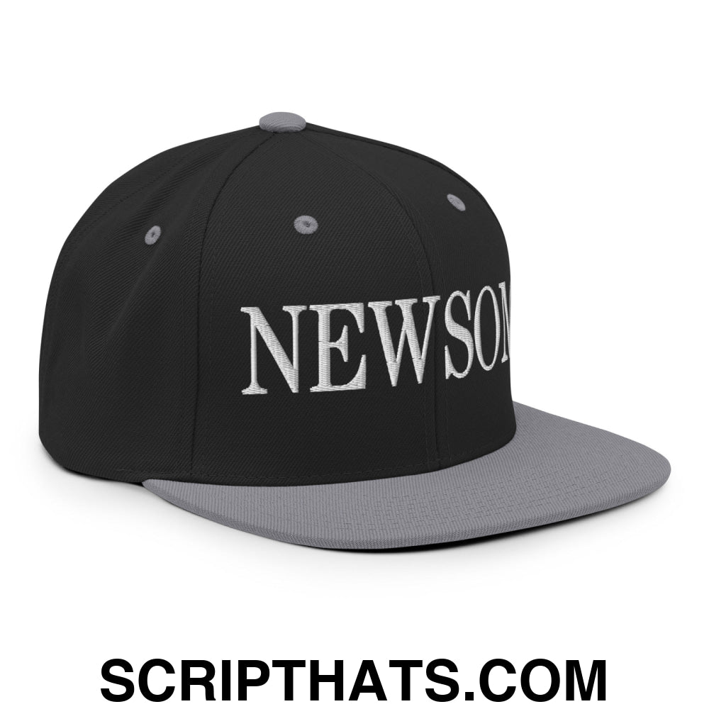 Newsom Embroidered Flat Bill Brim Snapback Hat Black Silver