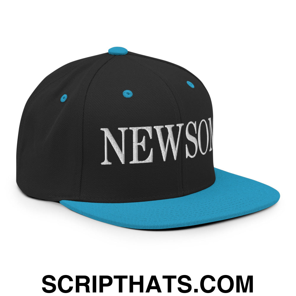 Newsom Embroidered Flat Bill Brim Snapback Hat Black Teal