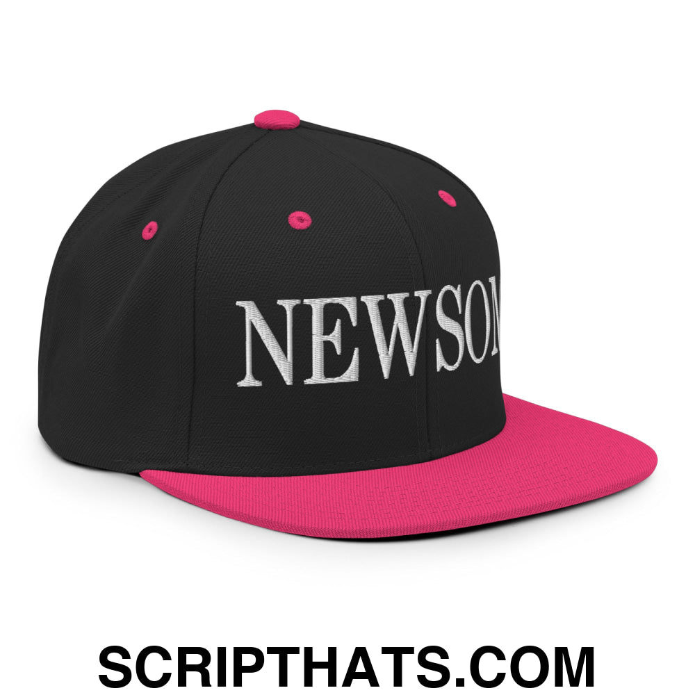 Newsom Embroidered Flat Bill Brim Snapback Hat Black Neon Pink