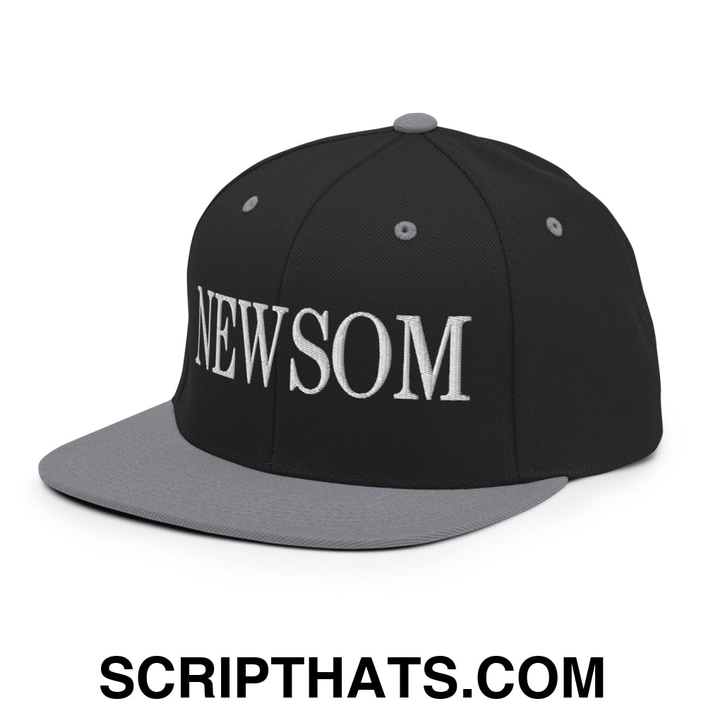 Newsom Embroidered Flat Bill Brim Snapback Hat Black Silver