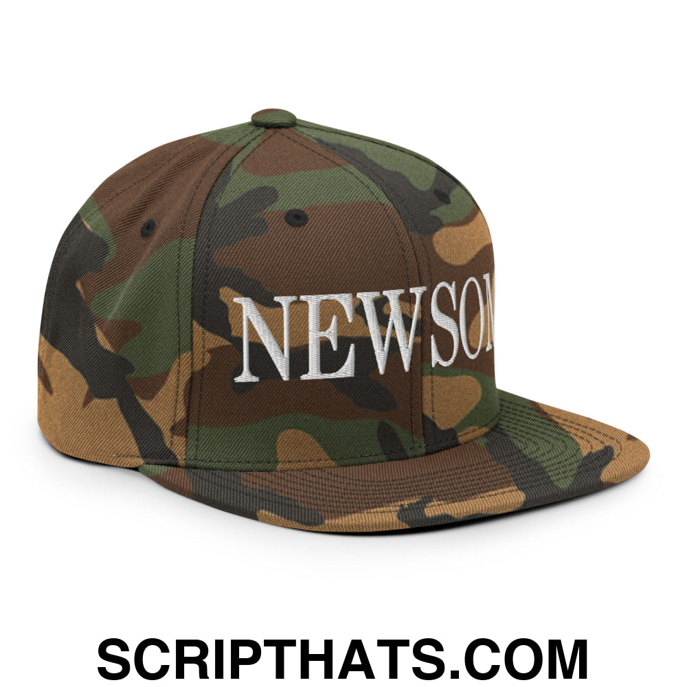 Newsom Embroidered Flat Bill Brim Snapback Hat Green Camo