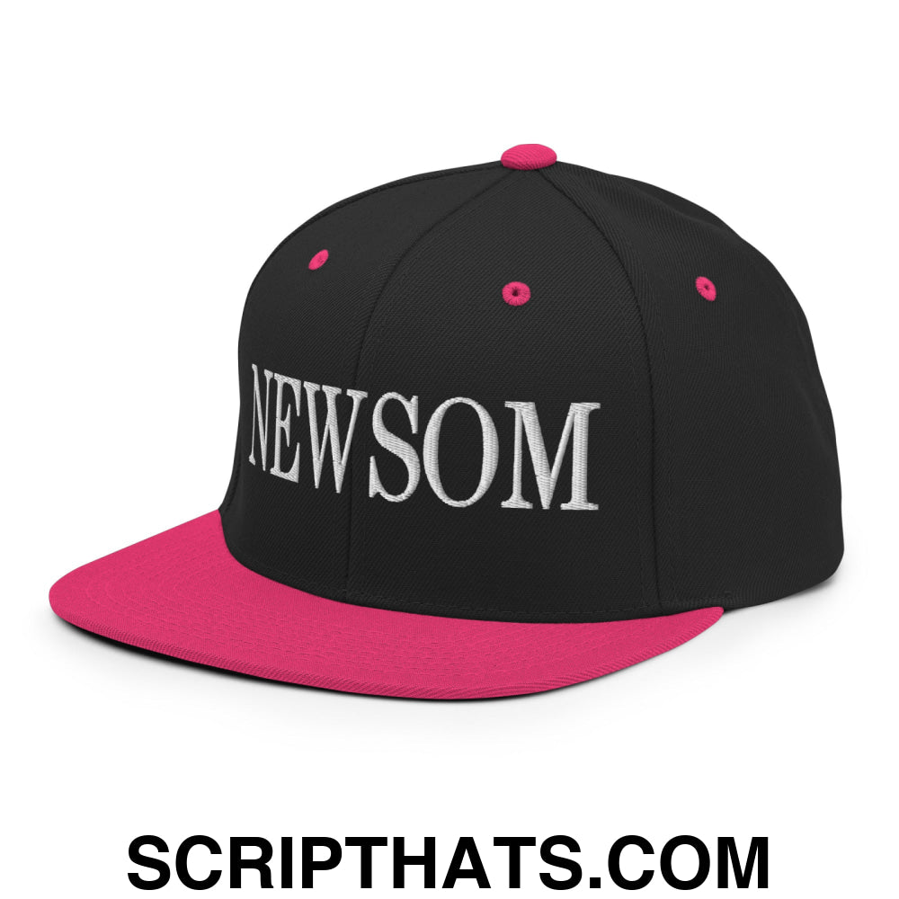 Newsom Embroidered Flat Bill Brim Snapback Hat Black Neon Pink