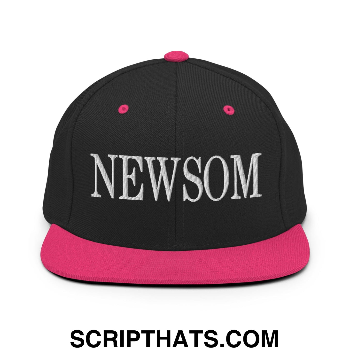 Newsom Embroidered Flat Bill Brim Snapback Hat Black Neon Pink
