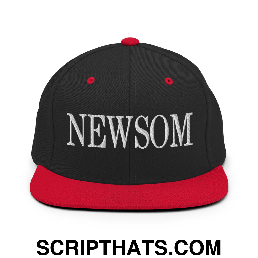 Newsom Embroidered Flat Bill Brim Snapback Hat Black Red