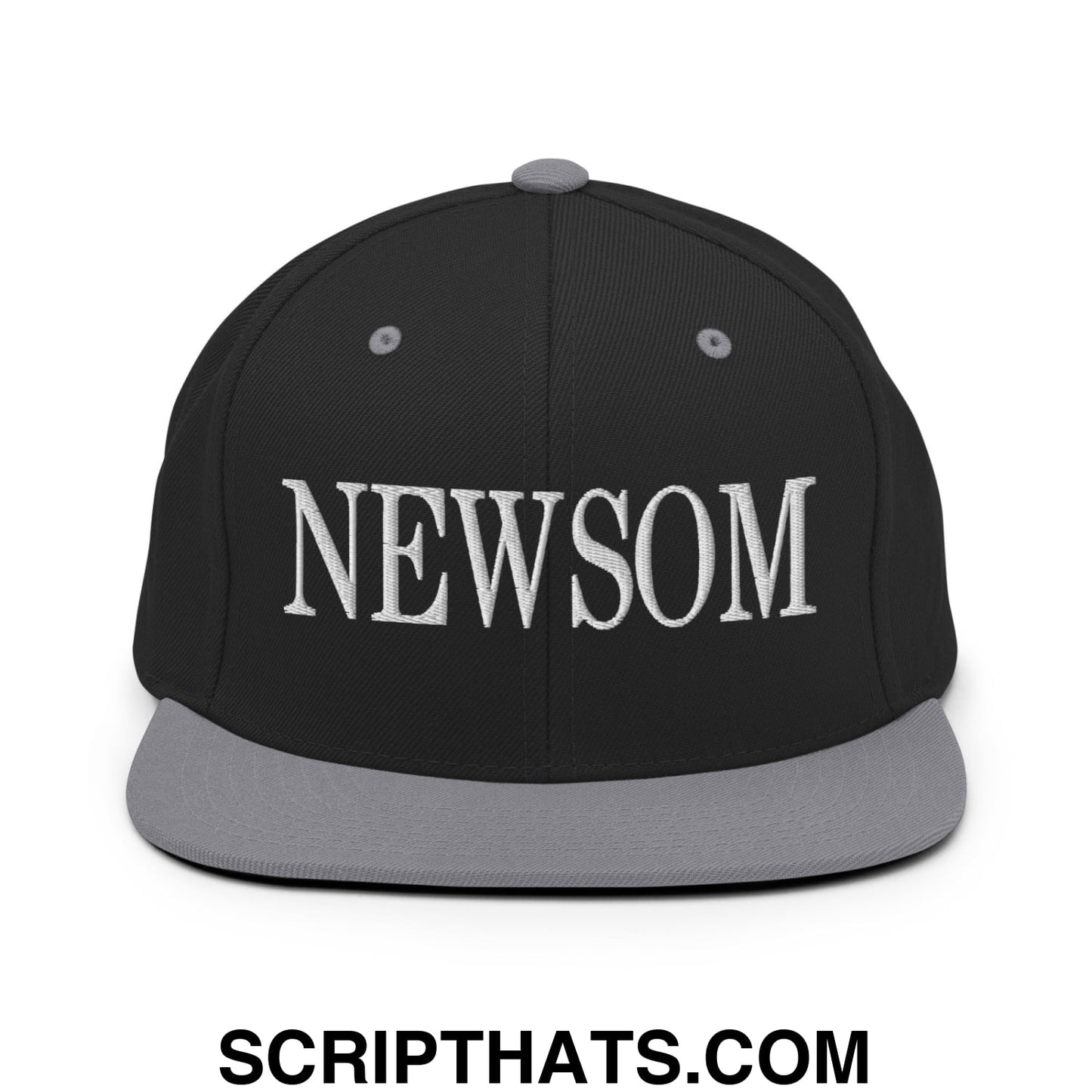 Newsom Embroidered Flat Bill Brim Snapback Hat Black Silver