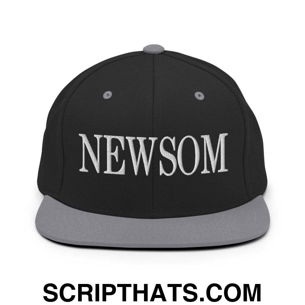 Newsom Embroidered Flat Bill Brim Snapback Hat Black Silver