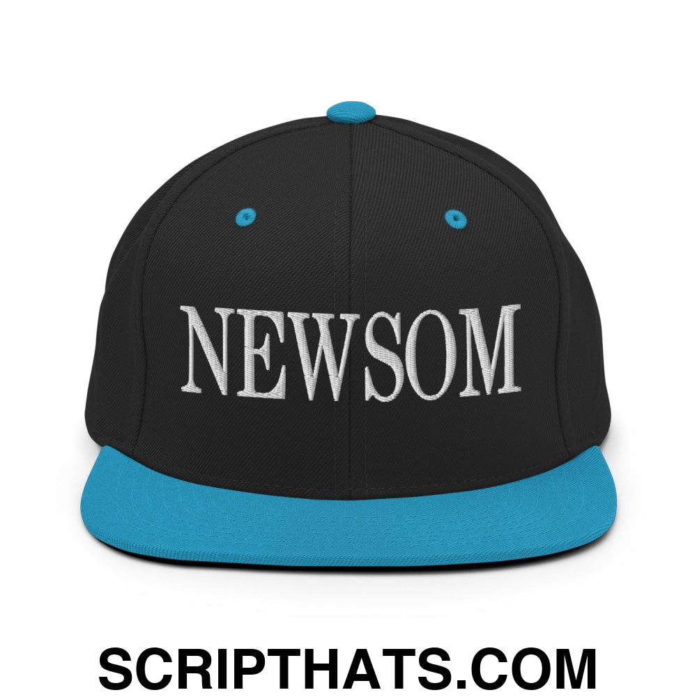 Newsom Embroidered Flat Bill Brim Snapback Hat Black Teal