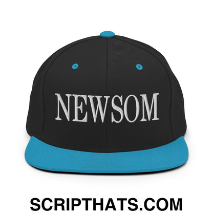 Newsom Embroidered Flat Bill Brim Snapback Hat Black Teal