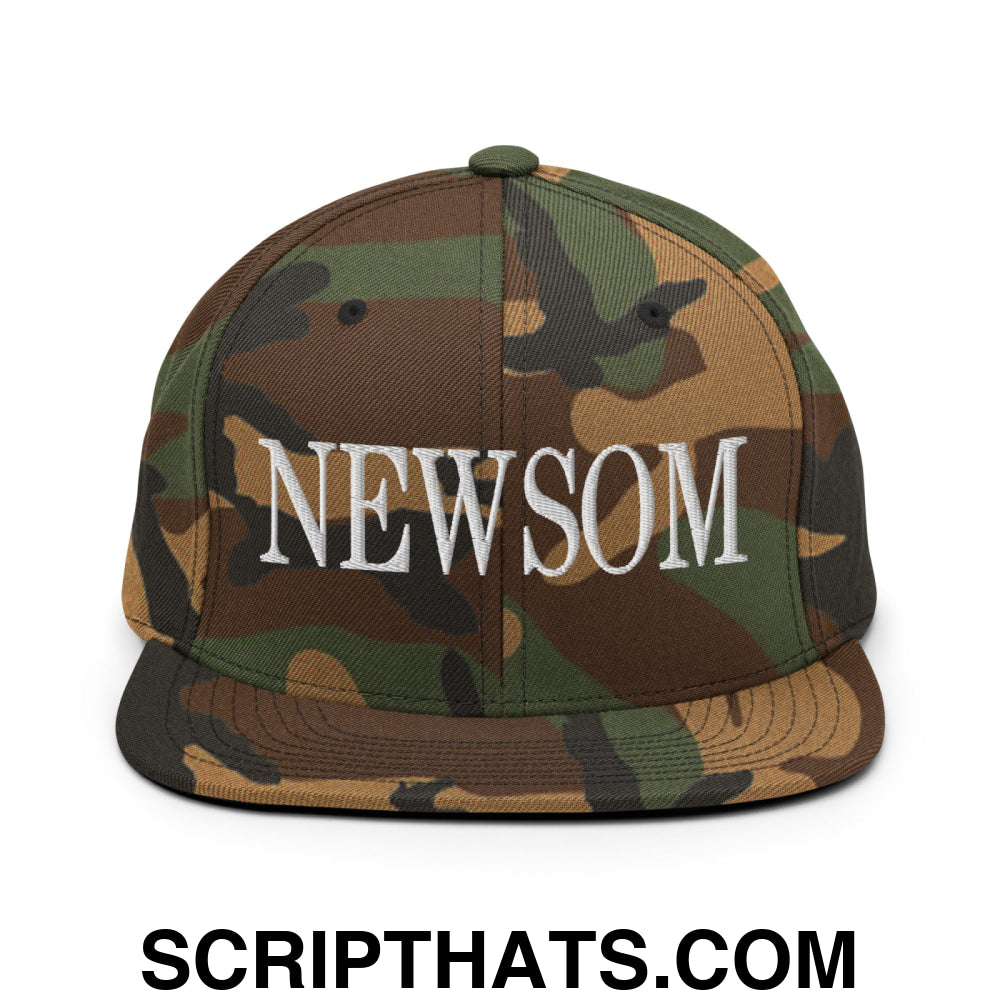 Newsom Embroidered Flat Bill Brim Snapback Hat Green Camo