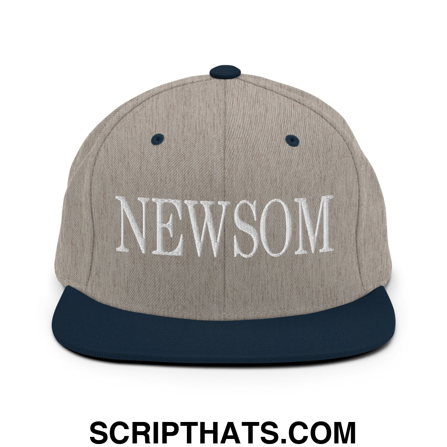 Newsom Embroidered Flat Bill Brim Snapback Hat Heather Grey Navy