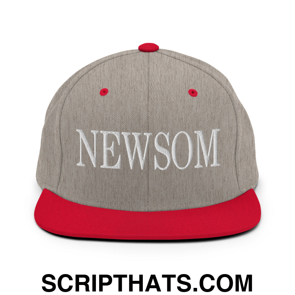 Newsom Embroidered Flat Bill Brim Snapback Hat Heather Grey Red