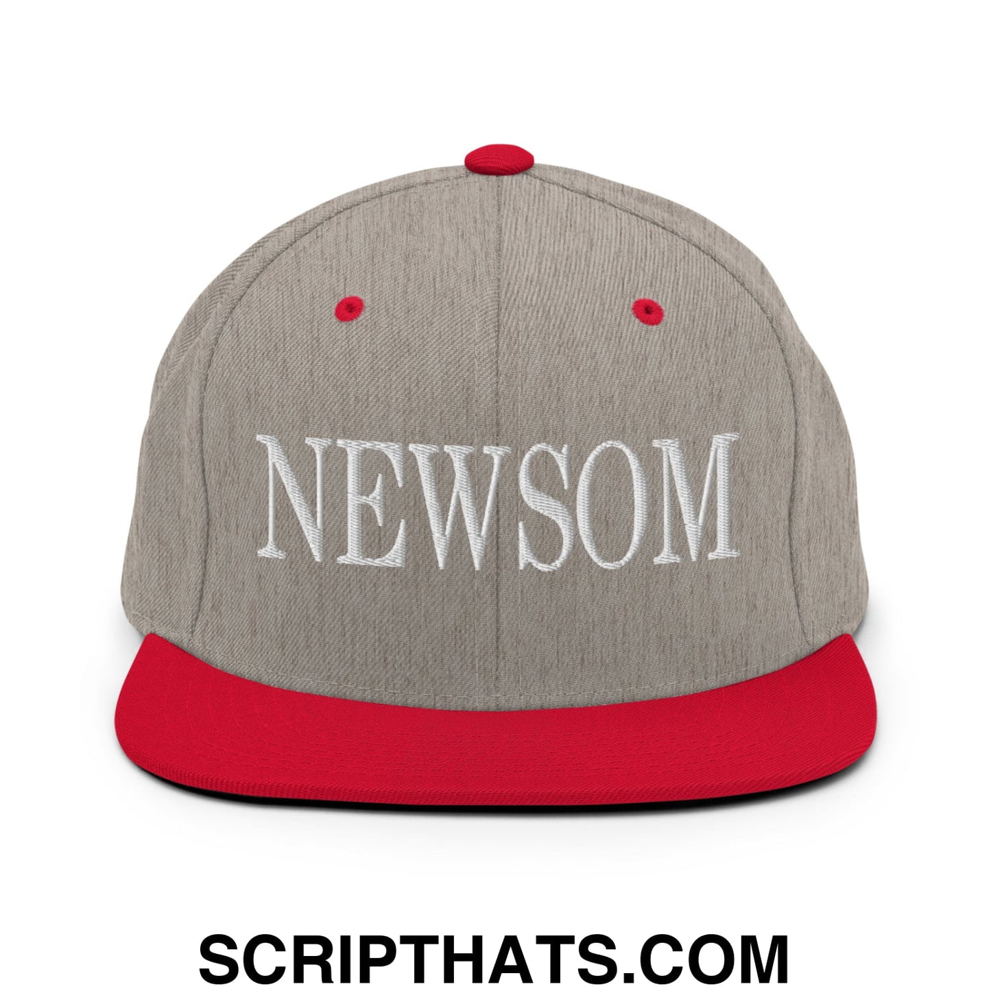 Newsom Embroidered Flat Bill Brim Snapback Hat Heather Grey Red