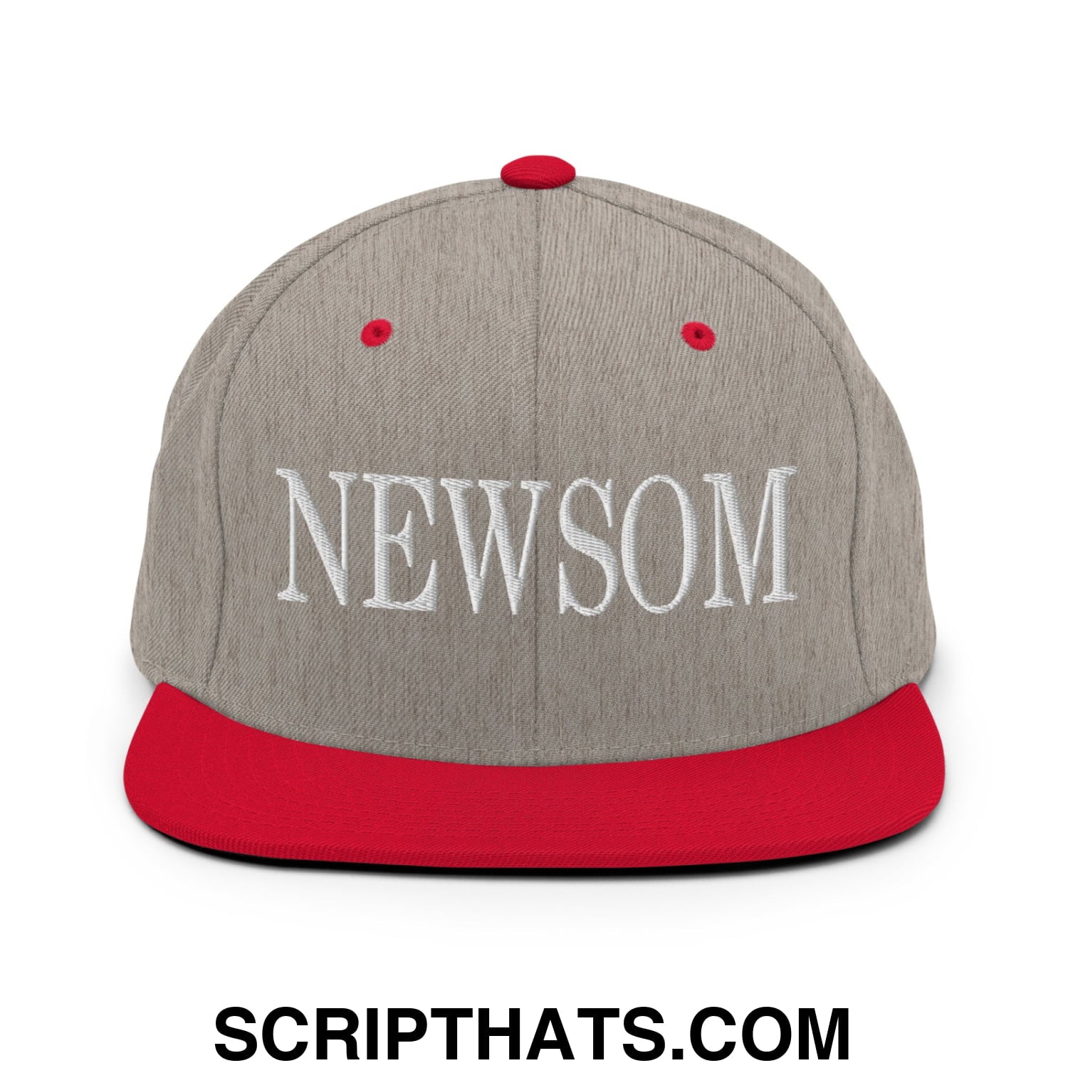Newsom Embroidered Flat Bill Brim Snapback Hat Heather Grey Red