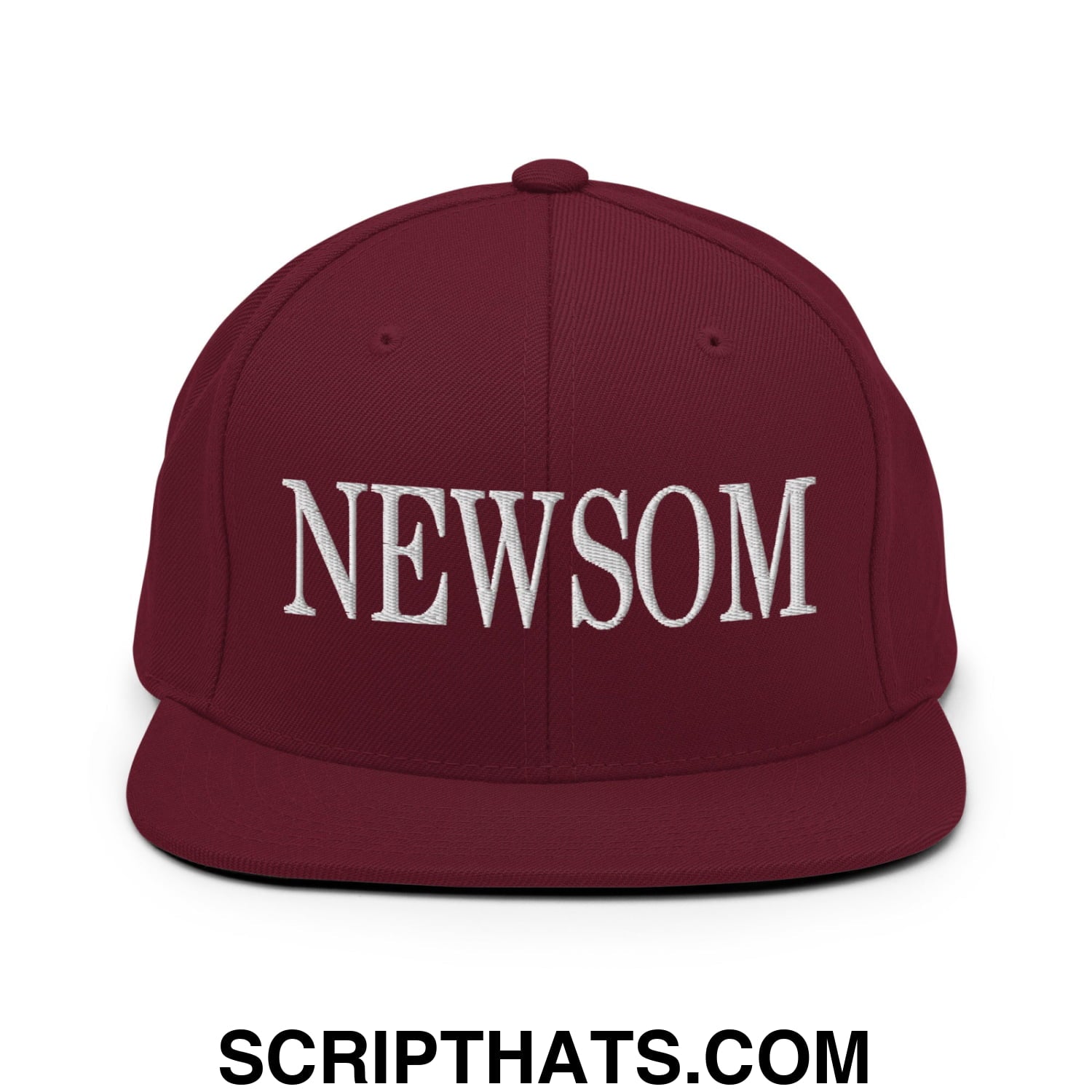 Newsom Embroidered Flat Bill Brim Snapback Hat Maroon