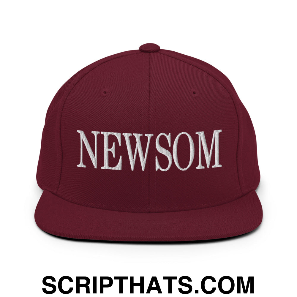 Newsom Embroidered Flat Bill Brim Snapback Hat Maroon