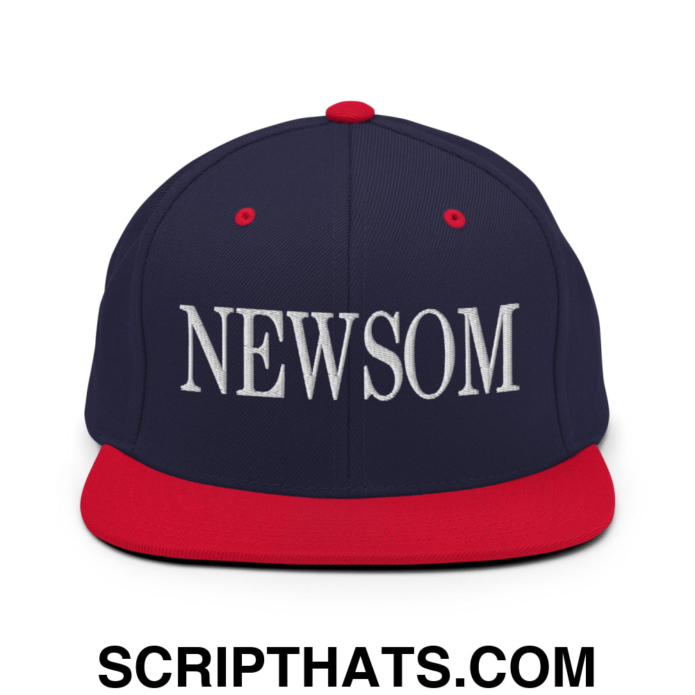 Newsom Embroidered Flat Bill Brim Snapback Hat Navy Red