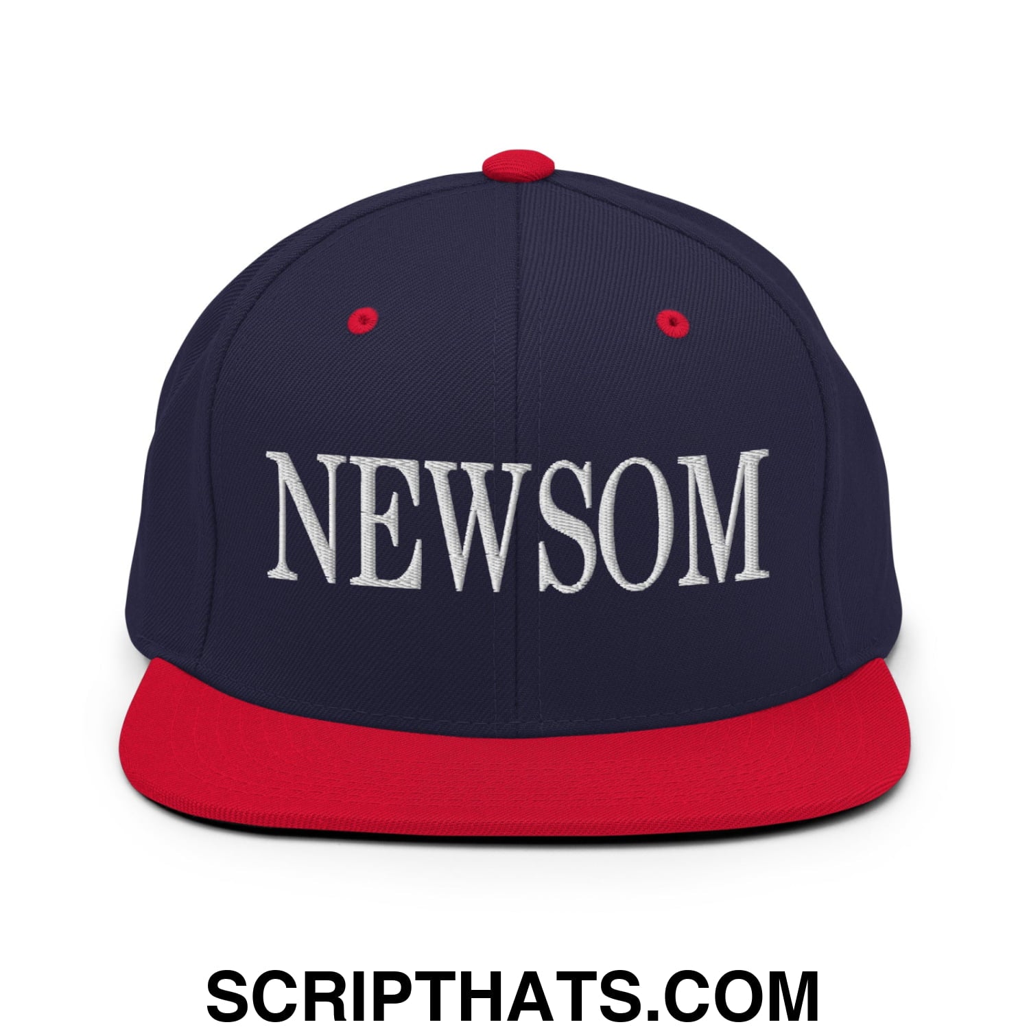 Newsom Embroidered Flat Bill Brim Snapback Hat Navy Red