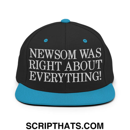 Newsom Was Right About Everything! Embroidered Flat Bill Brim Snapback Hat Black Teal
