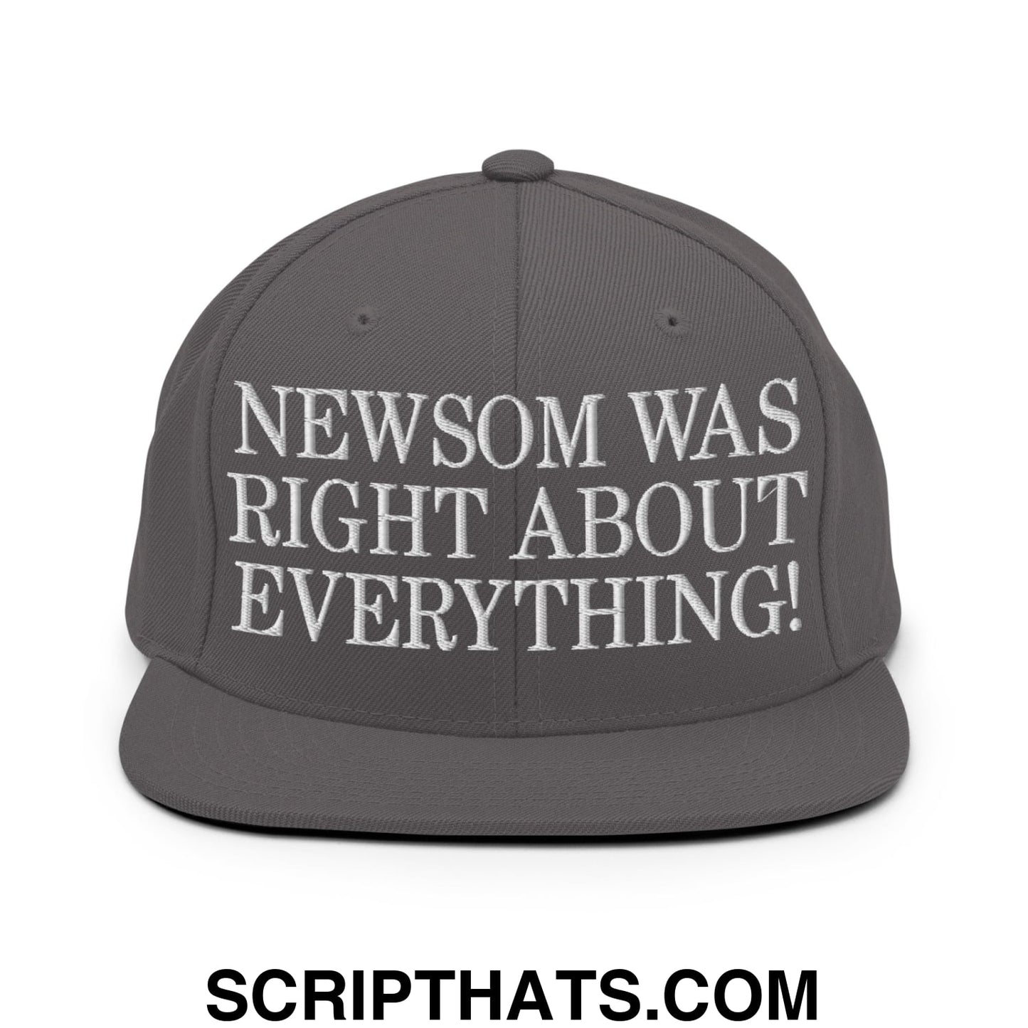 Newsom Was Right About Everything! Embroidered Flat Bill Brim Snapback Hat Dark Grey