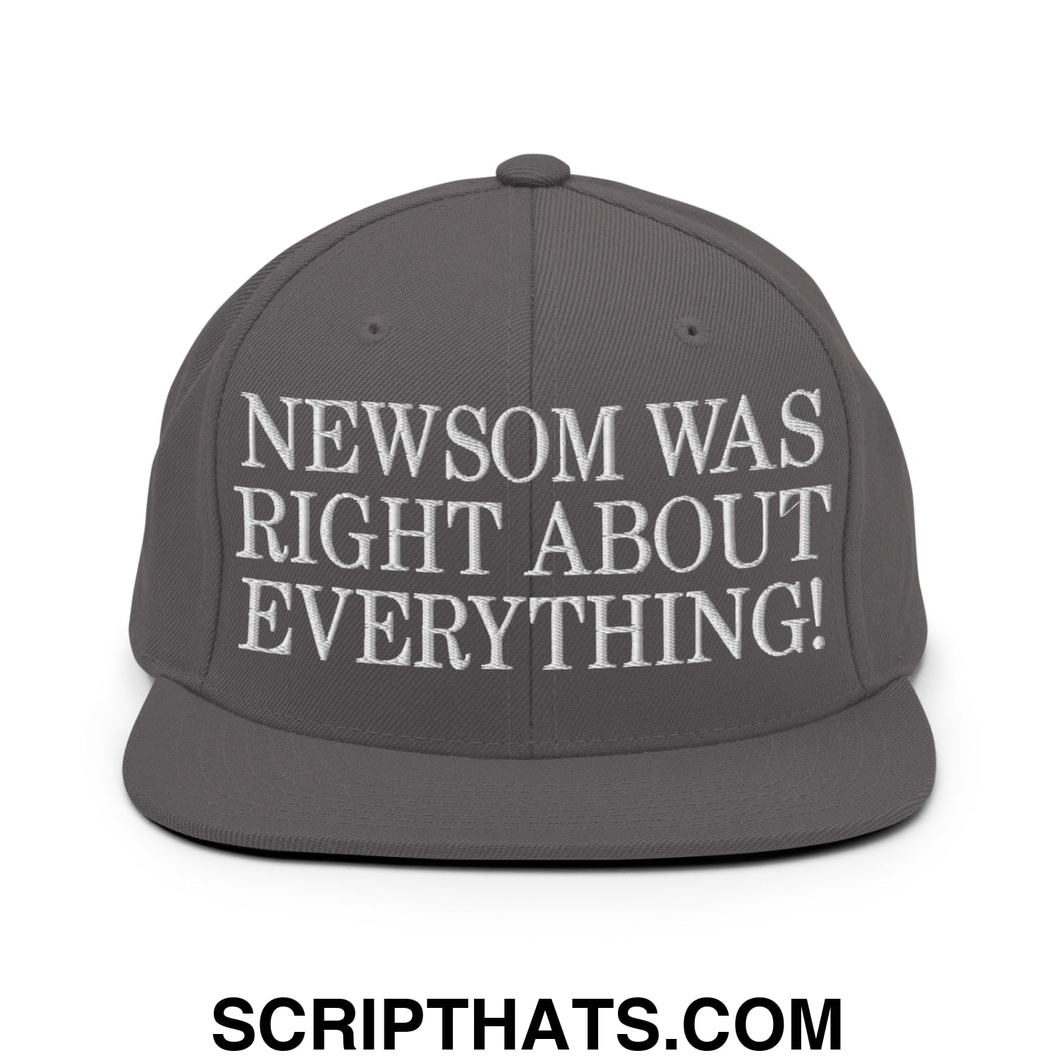 Newsom Was Right About Everything! Embroidered Flat Bill Brim Snapback Hat Dark Grey