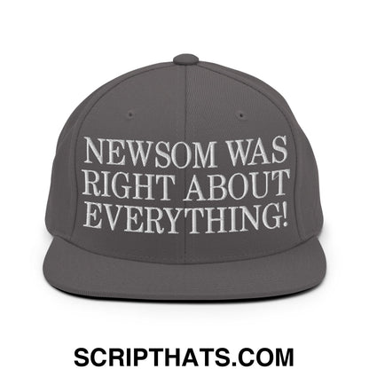 Newsom Was Right About Everything! Embroidered Flat Bill Brim Snapback Hat Dark Grey