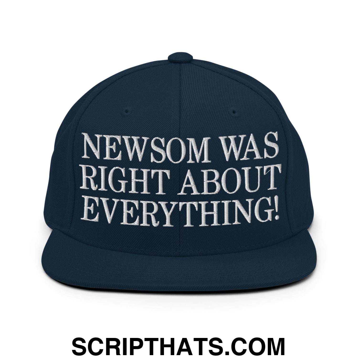 Newsom Was Right About Everything! Embroidered Flat Bill Brim Snapback Hat Dark Navy