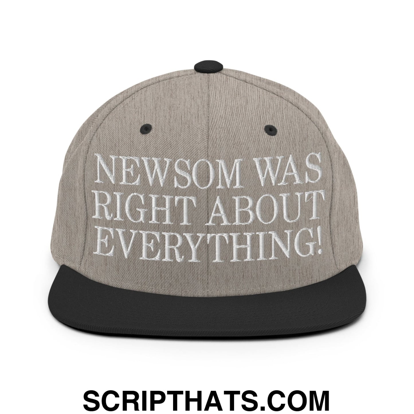 Newsom Was Right About Everything! Embroidered Flat Bill Brim Snapback Hat Heather Black