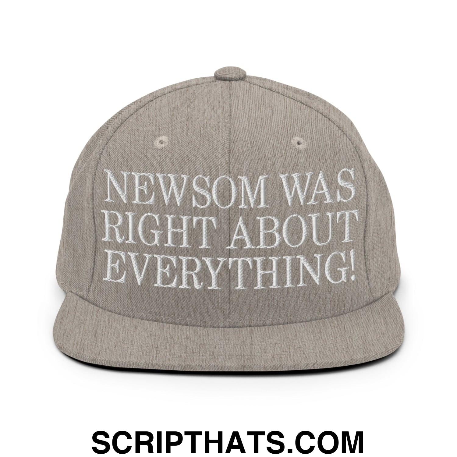 Newsom Was Right About Everything! Embroidered Flat Bill Brim Snapback Hat Heather Grey
