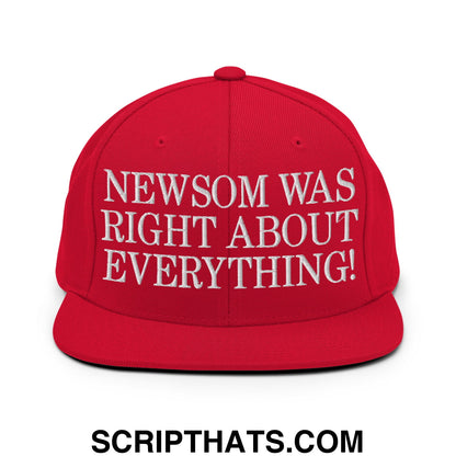 Newsom Was Right About Everything! Embroidered Flat Bill Brim Snapback Hat Red