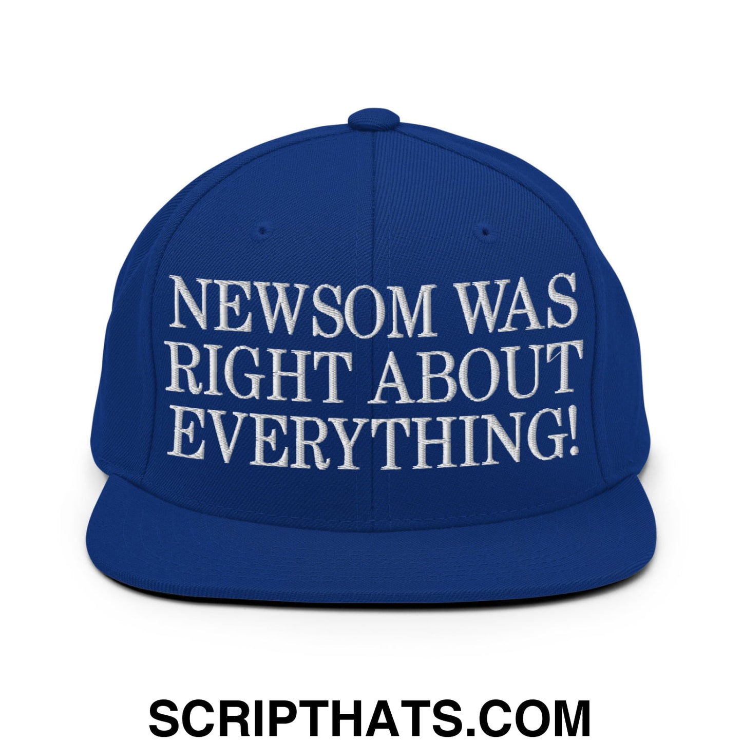 Newsom Was Right About Everything! Embroidered Flat Bill Brim Snapback Hat Royal Blue