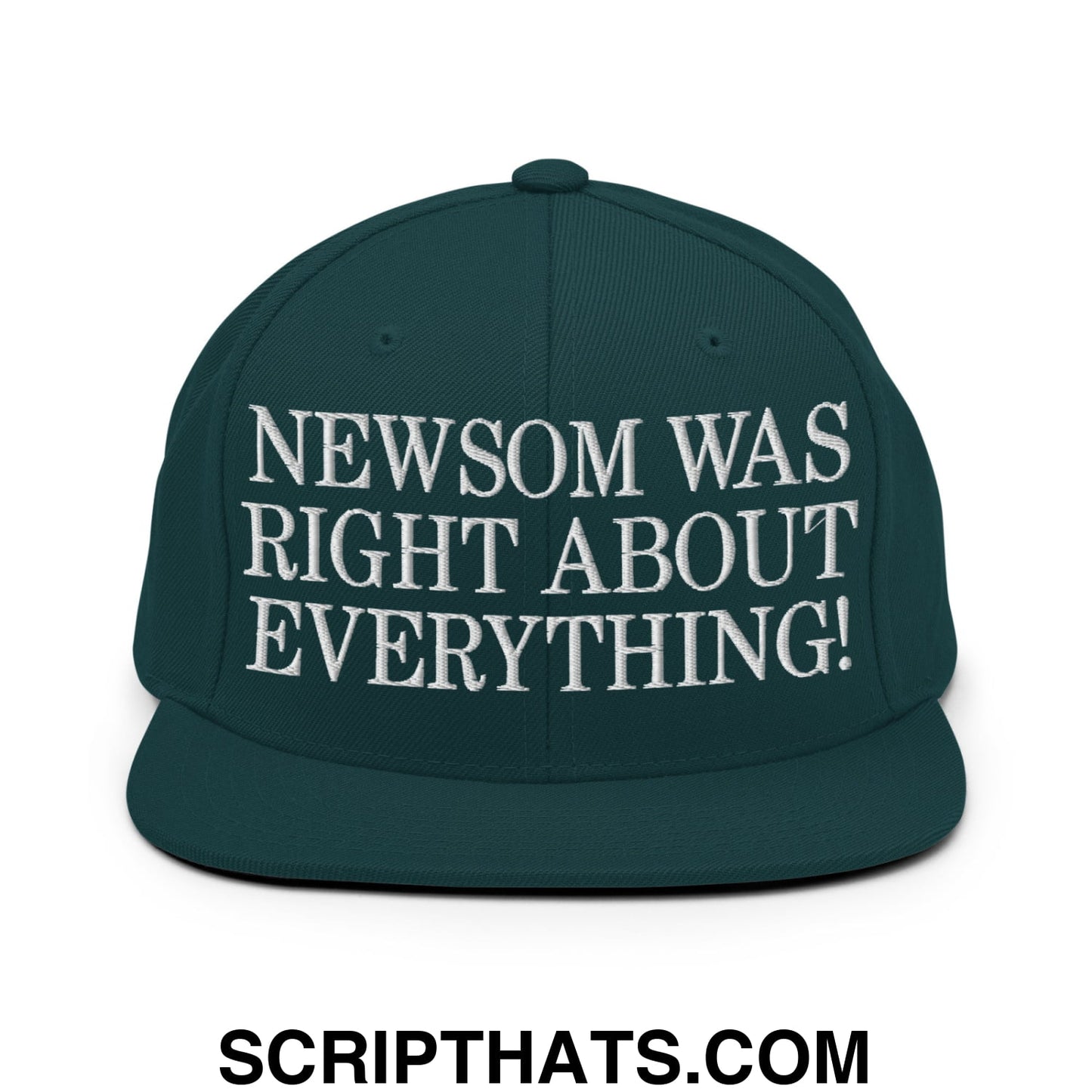 Newsom Was Right About Everything! Embroidered Flat Bill Brim Snapback Hat Spruce