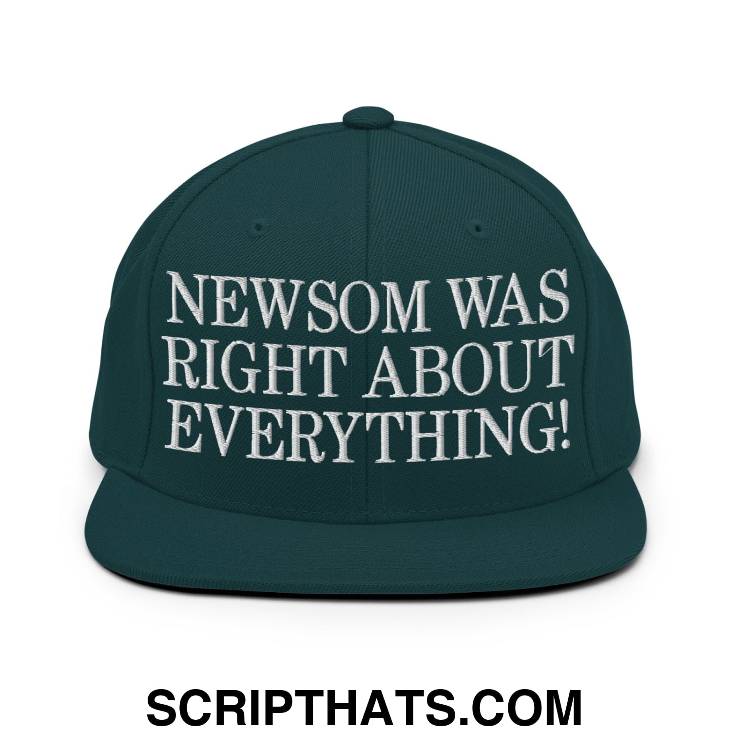 Newsom Was Right About Everything! Embroidered Flat Bill Brim Snapback Hat Spruce