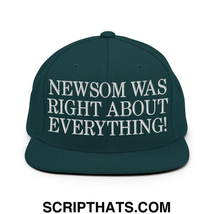 Newsom Was Right About Everything! Embroidered Flat Bill Brim Snapback Hat Spruce