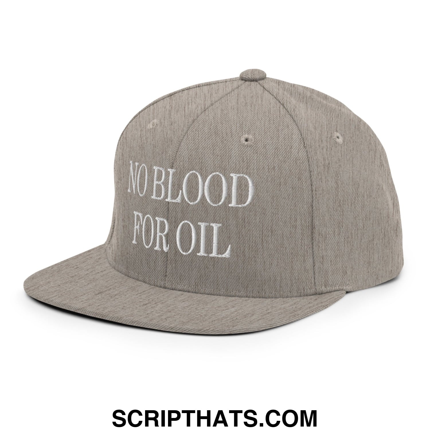 Gray snapback hat with white embroidered no blood for oil text and flat bill brim for casual wear